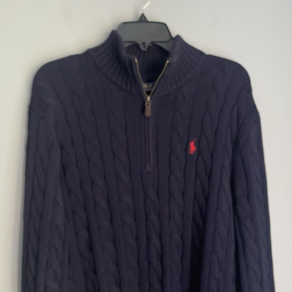 Polo Ralph Lauren Cable Knit Quarter Zip Sweater Men’s L Navy Blue w/Red Pony